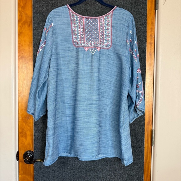 Tolani Embroidered Tassle Tie Chambray Peasant Tunic Top Size XL - Picture 8 of 14
